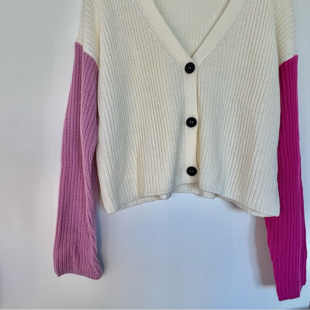 Large PrettyLittleThing White and Pink Sleeve Colorblock Button-Up Cardigan Cozy - Picture 9 of 12